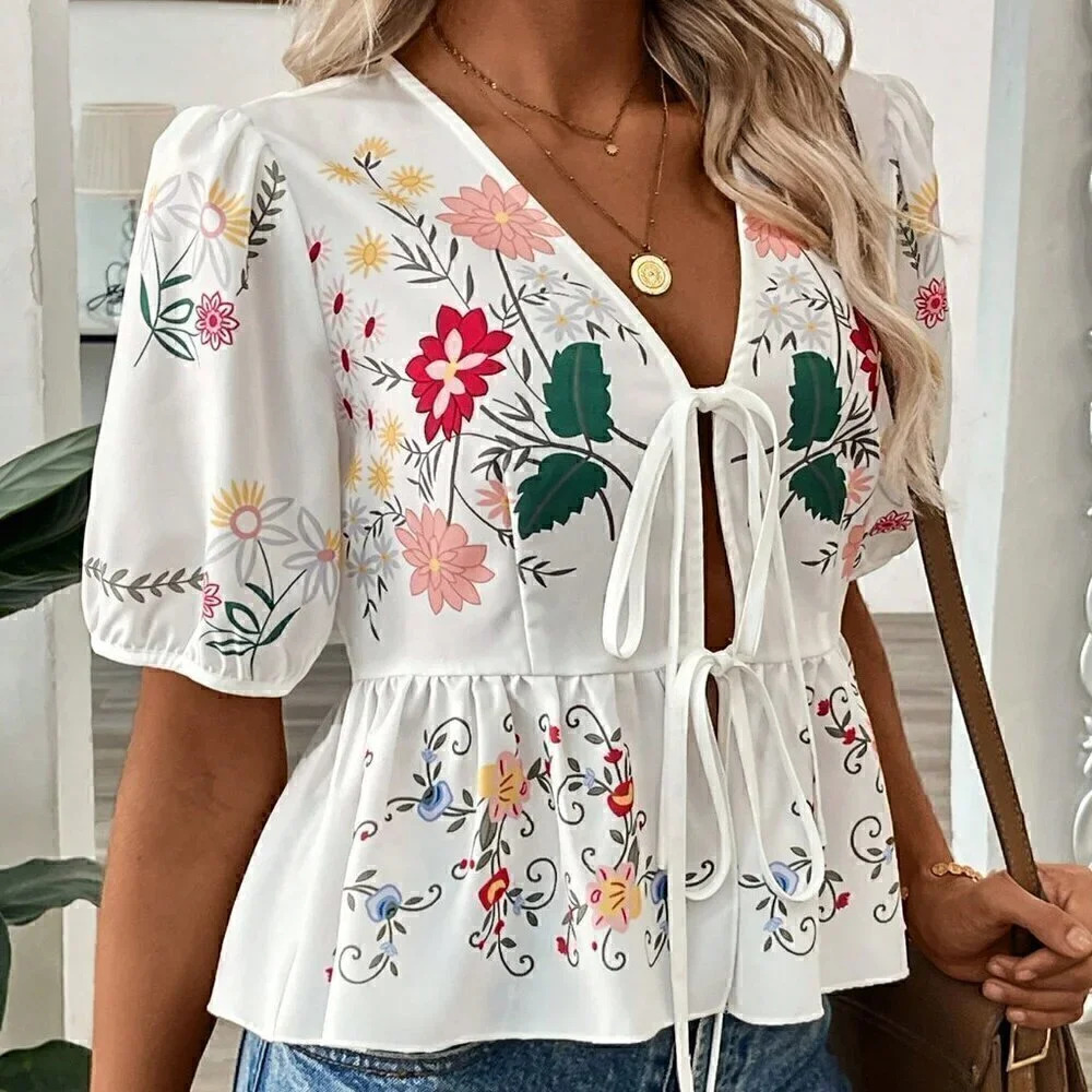 White Boho Women's Summer Printed V-Neck Tie-Front Short-Sleeve Cardigan Shirt - Picture 4 of 7
